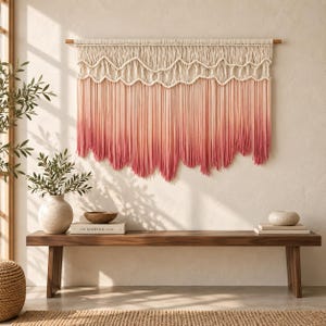 May include: A large macrame wall hanging suspended from a wooden rod, featuring an off-white top section with intricate knotted patterns that transitions into a long, flowing fringe with a vibrant ombre gradient from peach to deep pink.