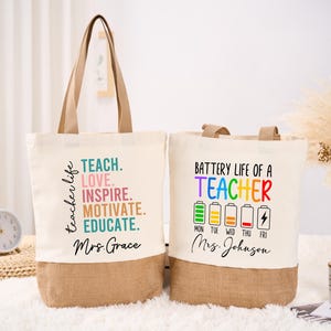 Sac de remerciement pour enseignant Sac fourre-tout en toile Cadeau pour enseignant personnalisé en toile Cartable personnalisé Cabas pour enseignant cadeau réutilisable