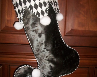 ONE (1) Christmas Deep Metallic Charcoal Gray Velvet  Whimsical Jester Christmas Stocking 2024 Collection