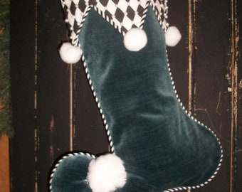 ONE (1) Christmas Deep Turquoise Velvet  Whimsical Jester Christmas Stocking 2024 Collection