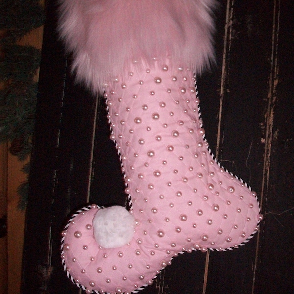 One (1) Soft Pink Hand Beaded Jester Christmas Stocking with Pink Faux Fur 2024 Collection