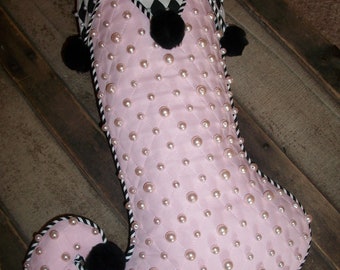 One (1) Fun Pink Black and White Hand Beaded  Whimsical Jester Christmas Stocking 2024 Collection