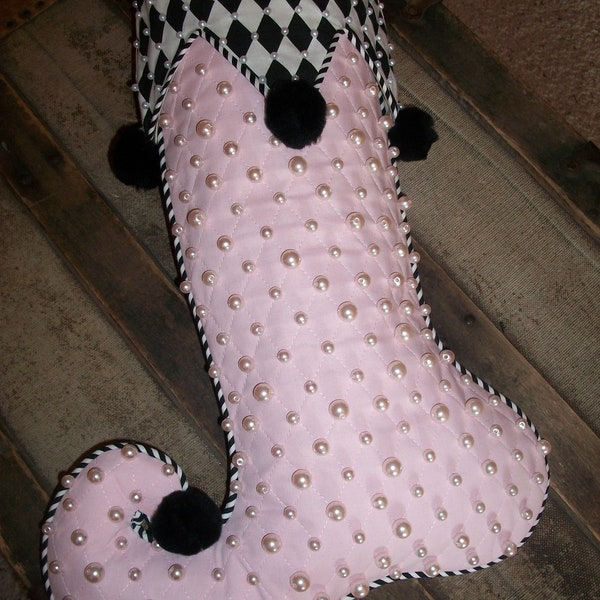 Reserved for Kasey One (1) Fun Pink Black and White Hand Beaded  Whimsical Jester Christmas Stocking 2021 Collection