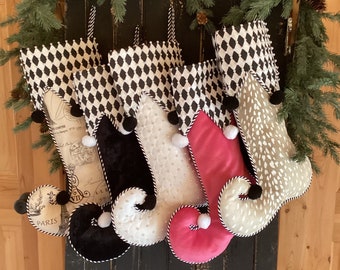Five (5) Coordinating Black White Pink and Tan  Beaded Whimsical Jester Christmas Stockings 2024 Collection