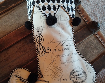 ONE (1) Tan Paris Script with Black and White Hand Beaded Jester Christmas Stocking 2024 Collection