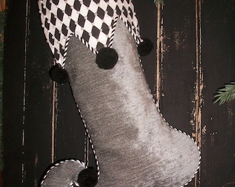 ONE (1) Christmas Metallic Silver Gray Velvet Whimsical Jester Christmas Stocking 2024 Collection