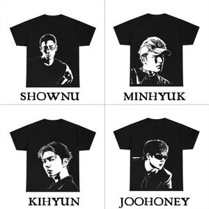 May include: Four black short-sleeved t-shirts featuring high-contrast white graphic portraits. The shirts are labeled with the names SHOWNU, MINHYUK, KIHYUN, and JOOHONEY printed in a serif font below each respective garment design.