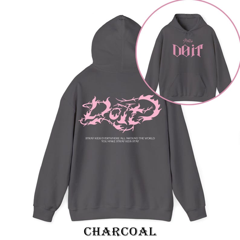 May include: Charcoal gray hoodie with a pink graphic on the back that says "Doit" in a stylized font. The front of the hoodie has a smaller graphic that says "doit" in pink. The text "Stray Kids Everywhere All Around The World You Make Stray Kids Stay" is below the graphic.