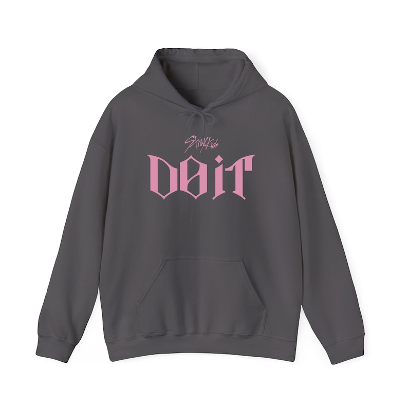 May include: A charcoal gray hoodie with a front pocket and drawstring hood. The front features the pink text "doit" in a stylized font, with the text "Stray Kids" above it. The hoodie is a casual garment.