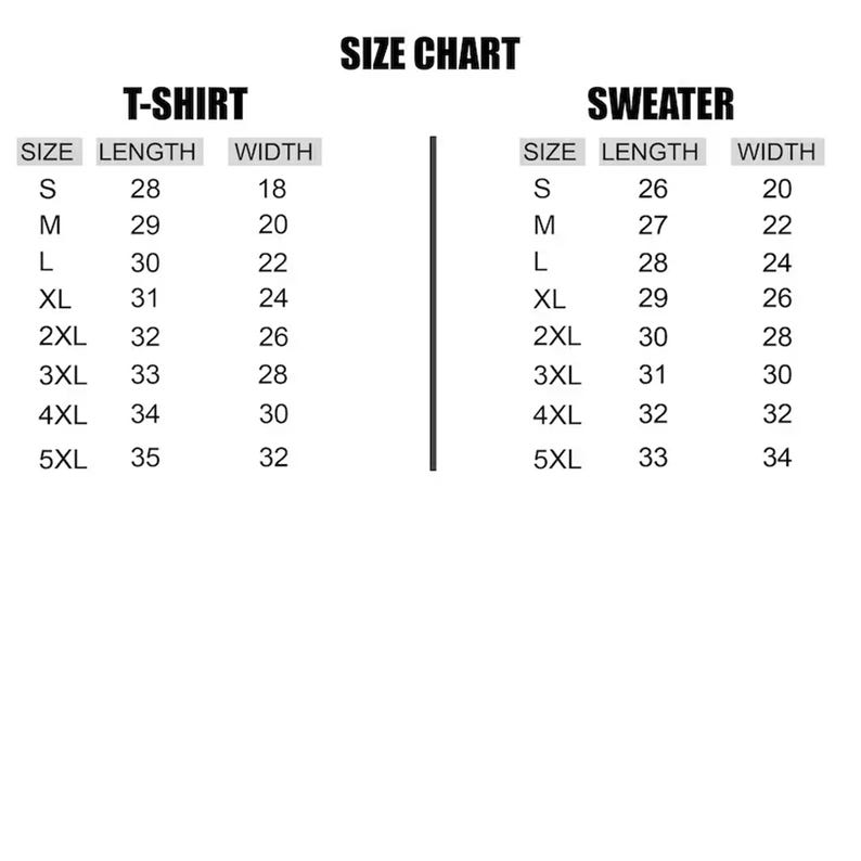 May include: A white size chart for t-shirts and sweaters. The chart lists sizes S to 5XL with corresponding length and width measurements in inches. The text "SIZE CHART" is at the top.