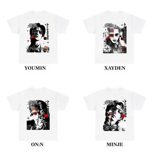 May include: White t-shirts with black and white graphic portraits. Each shirt features a different portrait with a name below: Youmin, Xayden, On:n, and Minje. The designs include geometric shapes and stylized text.