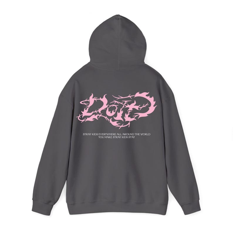 May include: A dark gray hoodie with a hood and long sleeves. The back of the hoodie features the word "Date" in pink, stylized with a decorative font. Below the word is the text "Stray Kids everywhere all around the world, you make Stray Kids stay."