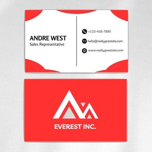 Peut inclure: Deux cartes de visite. La carte du haut est blanche avec des accents rouges et le texte "ANDRE WEST Sales Representative". Les coordonnées sont indiquées à droite. La carte du bas est rouge avec un logo de montagne blanc et le texte "EVEREST INC."