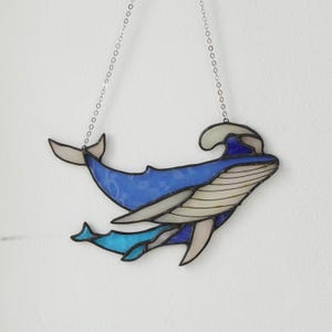 Blue Whale Stained Glass Suncatcher - Underwater Glass Art, Whale Decor, Home Decor, Gift for Mom, Modern Stained Glass Panel