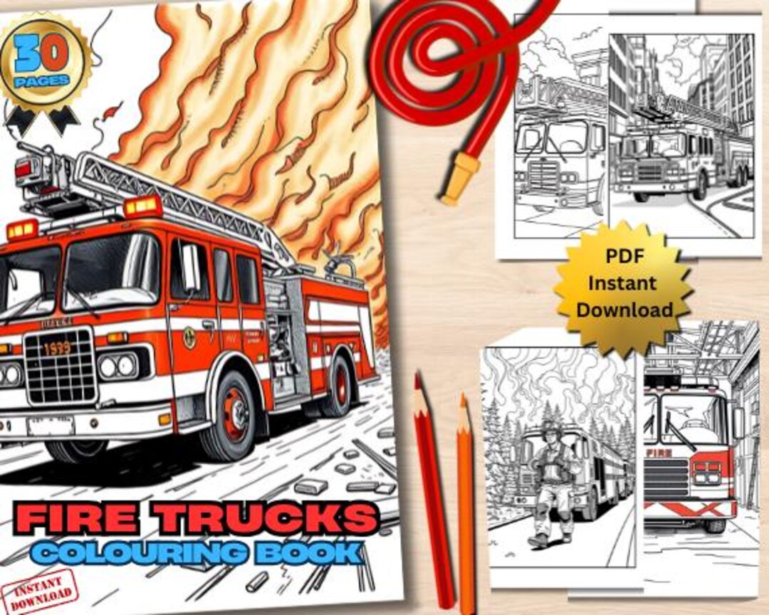30 Fire Truck Colouring Pages - Adult and Kids Colouring Book, Bold Coloring Sheets, Instant ...