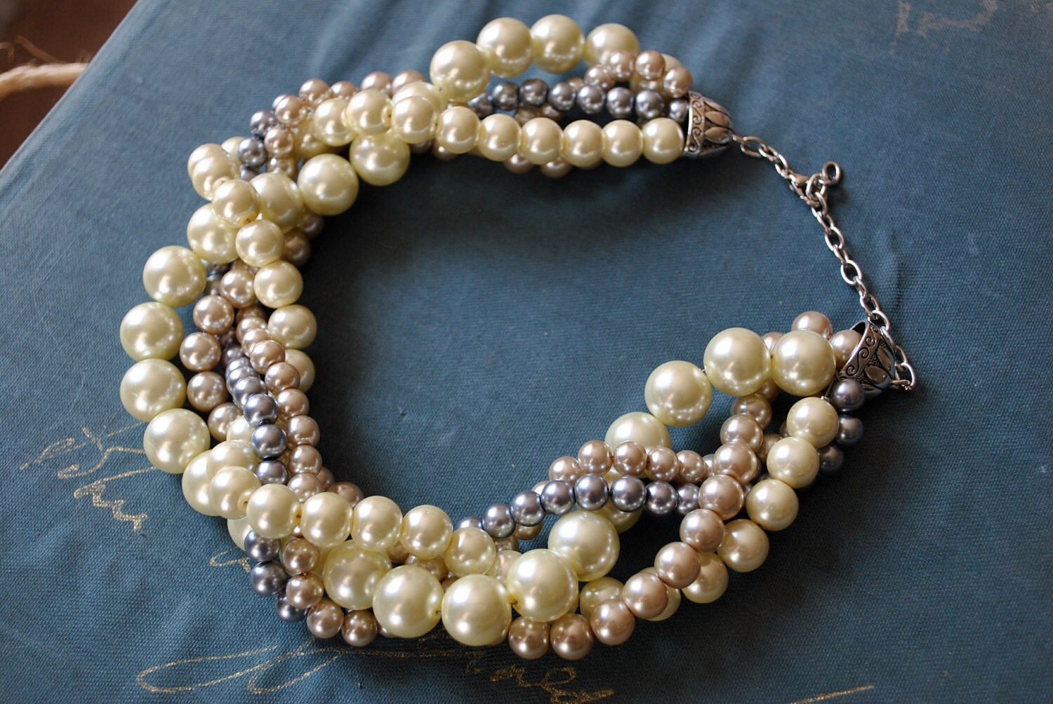 Chunky Pearl Twisted Statement NecklaceChampagne Grey Ivory Etsy