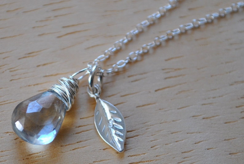 Sterling Silver Seafoam Green Quartz with Leaf Charm Necklace Etsy