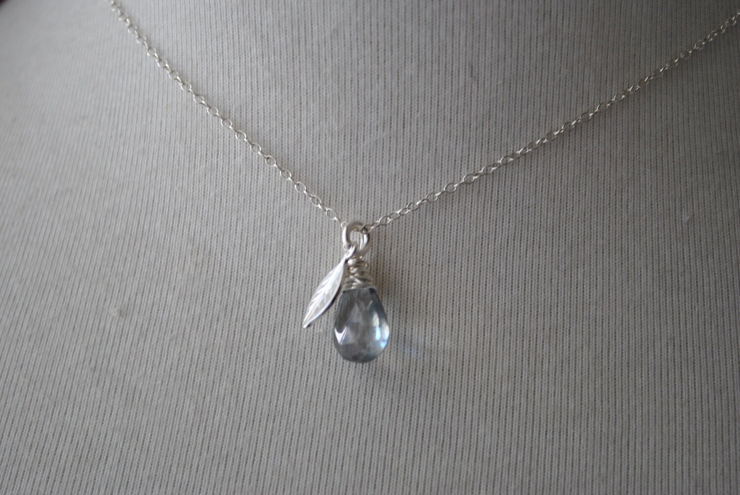 Sterling Silver Seafoam Green Quartz with Leaf Charm Necklace Etsy