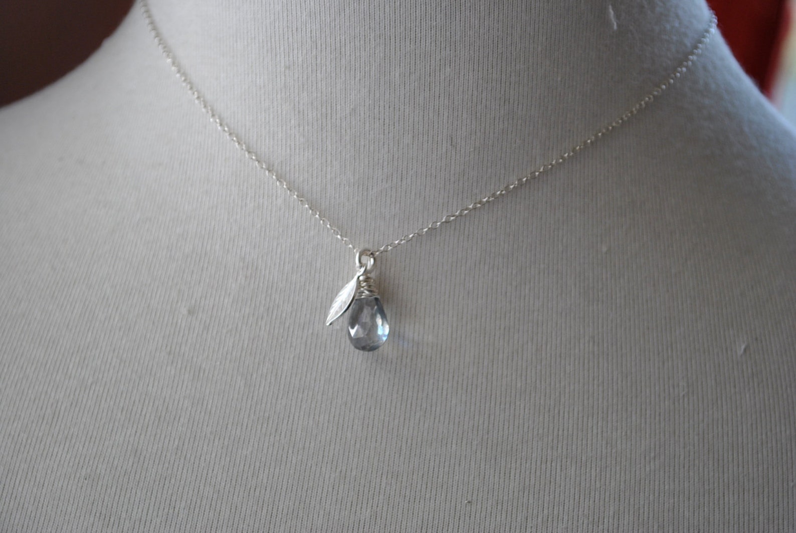 Sterling Silver Seafoam Green Quartz with Leaf Charm Necklace Etsy