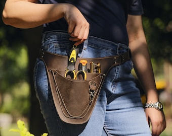 Full Grain Leather Garden Tool Belt, Personalized Florist Pouch, Gardening Waist Bag