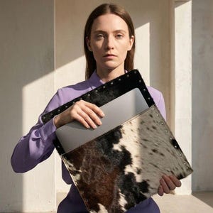 Può includere: Una custodia per laptop in pelle di mucca con parte superiore nera e finiture borchiate. La custodia presenta un motivo naturale marrone, nero e bianco. La persona nell'immagine indossa una camicia e pantaloni viola.