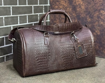 Personalized Black Crocodile Leather Duffle Bag: Travel Weekender, Gym Holdall