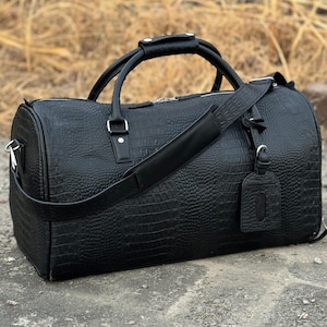 Sac polochon en cuir, sac de voyage en cuir de crocodile, sac à vêtement convertible avec compartiment à chaussures, sac de transport LiteHoldall, cadeau bagage à main