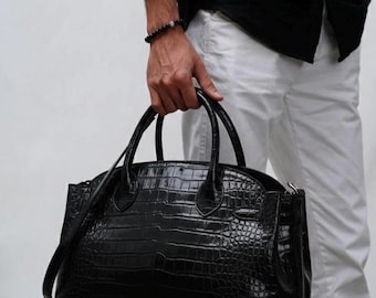 Black Crocodile Embossed Leather Tote Bag – Empire Style Carryall for Women