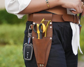 Hori Hori-tuinriem Leren schederiem met snoei- en schaarzakken, gepersonaliseerde bloemist gereedschapsriem Leren moedercadeau.