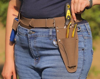 Hori Hori leren schederiem met snoeischaar en schaarzakken | Gepersonaliseerde gereedschapsriem voor bloemisten, tuinriem