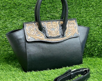 Bolso de mano estilo western de cuero repujado a mano: bolso bandolera de piel de vaca repujada