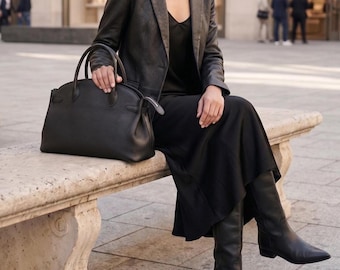 Large Black Pebble Leather Tote Bag, Handmade Oversized Luxury Shoulder Bag, Soft Slouchy Carryall for Work, Minimalist XL Laptop Purse