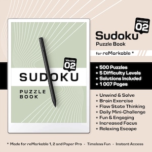 Puede incluir: Una tableta digital blanca con un fondo verde y el texto "Sudoku Puzzle Book" y "Volume 02". La tableta está sobre un fondo rosa claro. El texto "for reMarkable*" está debajo del título. El texto "* 500 Puzzles * 5 Difficulty Levels * Solutions Included * 1007 Pages" está debajo del texto "for reMarkable*". El texto "* Unwind & Solve * Brain Exercise * Flow State Thinking * Daily Mini-Challenge * Fun & Engaging * Increased Focus * Relaxing Escape" está debajo del texto "1007 Pages". El texto "* Made for reMarkable 1, 2 and Paper Pro - Timeless Fun - Instant Access" está en la parte inferior de la imagen.