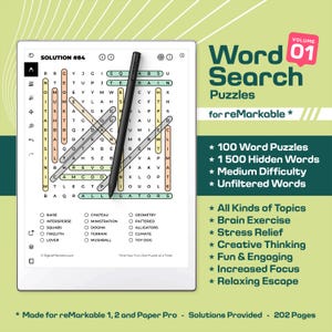 Könnte beinhalten: Ein digitales Tablet mit einem Wortsuchrätsel auf dem Bildschirm. Das Rätsel ist mit "Lösung #84" betitelt und zeigt ein Gitter aus Buchstaben. Das Tablet ist weiß mit einem schwarzen Rand und ein schwarzer Stift liegt auf dem Bildschirm. Der Text "Word Search Puzzles for reMarkable*" wird auf der rechten Seite des Bildes angezeigt. Der Text "100 Word Puzzles, 1500 Hidden Words, Medium Difficulty, Unfiltered Words" wird ebenfalls auf der rechten Seite des Bildes angezeigt.