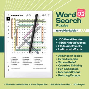 Word Search Puzzle for reMarkable Paper Pro - Volume 3. Digital puzzle games with hyperlinked PDF template. Works on reMarkable 1 & 2