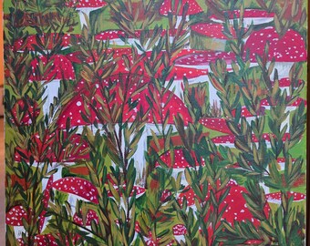 Roter Pilzwald Gemälde - Original Acryl Wald Kunstwerk, wunderliche Natur Kunst