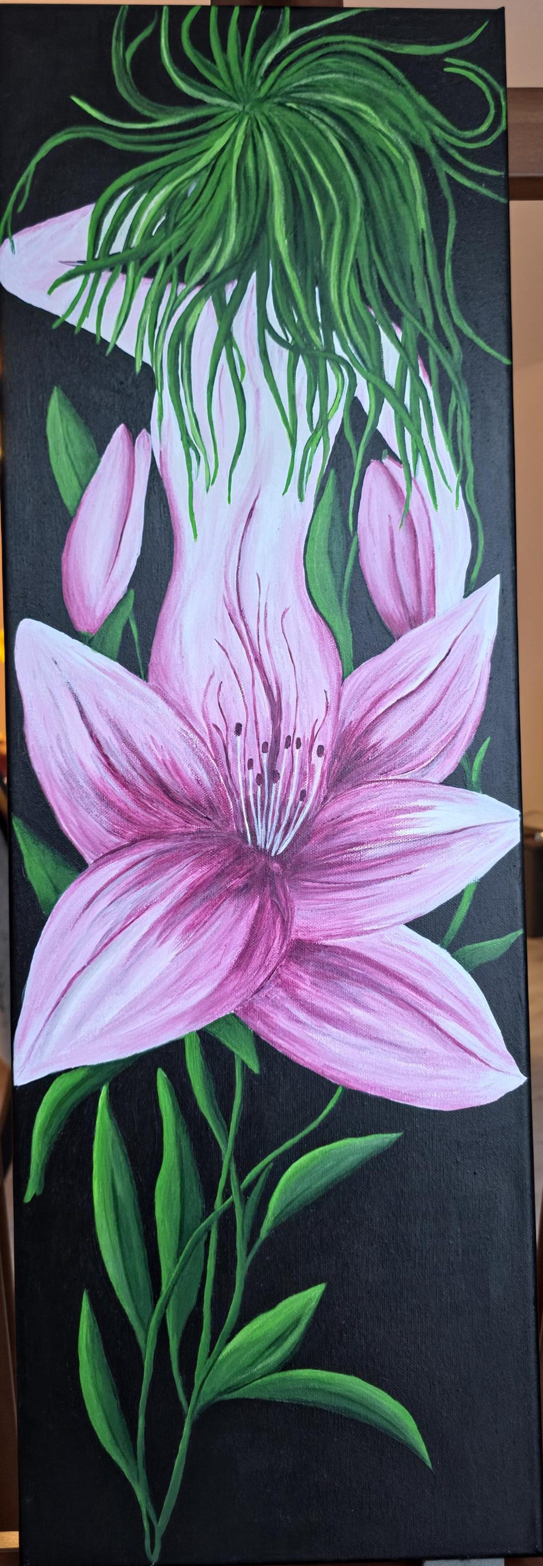 Pink Lily Painting – Original Floral Acrylic Artwork on Black Canvas ...