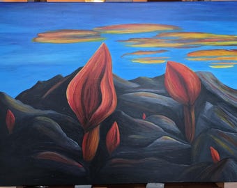 Surreal Landscape Painting with Red Buds – Original Symbolic Acrylic Artwork, One of a Kind