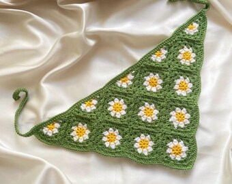 Modello PDF per bandana all'uncinetto con margherite / Foulard boho / Tutorial per foulard da capelli in stile cottagecore