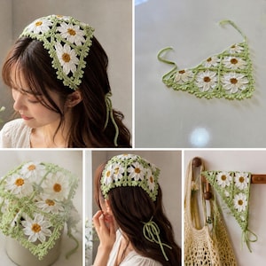 Daisy Crochet Bandana Pattern PDF | Boho Head Scarf | Cottagecore Hair Kerchief Tutorial