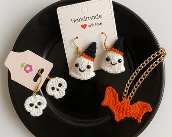 Halloween Crochet Earrings Pattern: Ghost, Bat & Skull Amigurumi (PDF Download