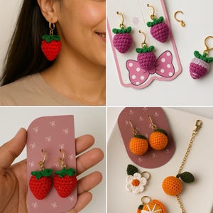 Micro crochet Earrings,strawberry ,flower and orange fun earrings Handmade  tutorial, crochet PDF pattern digital download gift for her