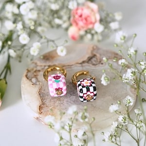Colourful checkerboard design floral earrings,  Acrylic bead dance earrings, Pink and black fun floral dice earrings, everyday wear hoops