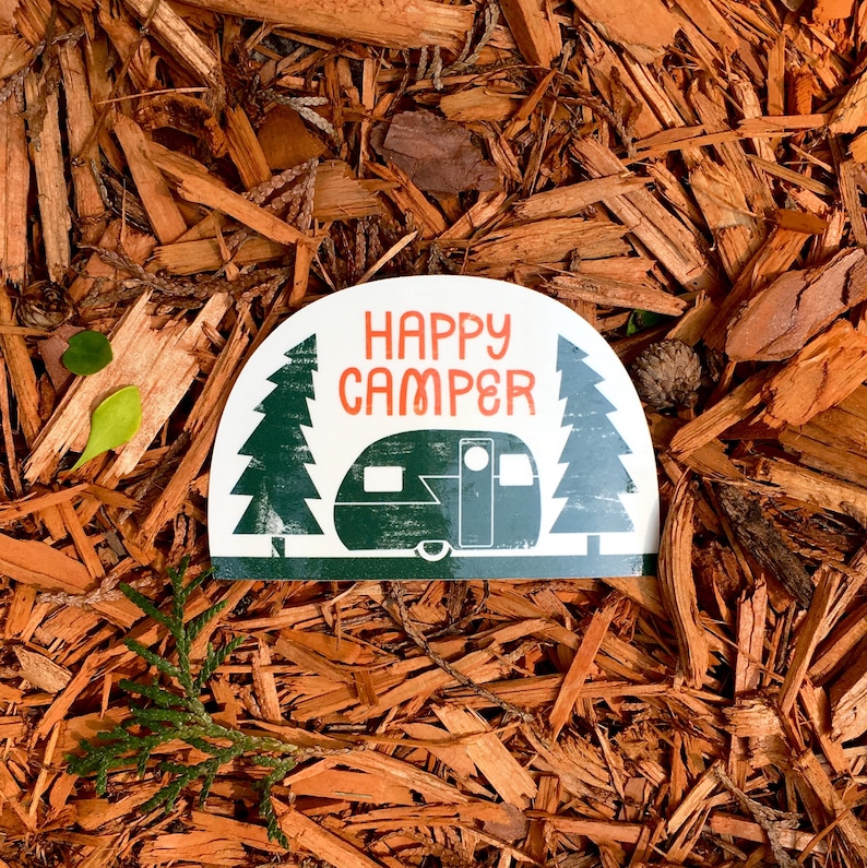 Happy Camper Vinyl Sticker Retro Camper Stickers, Camping Sticker, Camping Decal image 1
