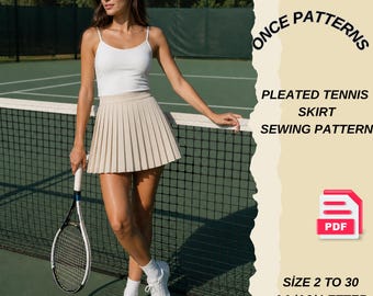 Patrón de costura PDF para falda de tenis plisada, patrón de falda de cintura alta, minifalda PDF, patrón de falda para mujer, descarga instantánea, tallas 2 a 30