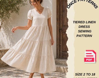 Patrón de costura para vestido de lino de verano, vestido maxi escalonado en PDF, patrón de vestido con escote en V, vestido con mangas abullonadas, patrón de vestido para mujer de 2 a 18 años.