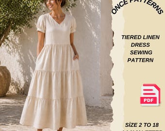 Patrón de costura para vestido de lino de verano, vestido maxi escalonado en PDF, patrón de vestido con escote en V, vestido con mangas abullonadas, patrón de vestido para mujer de 2 a 18 años.