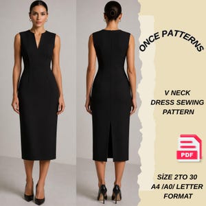 May include: A black V-neck dress sewing pattern. The image shows the front and back of a sleeveless, knee-length dress. The pattern includes sizes 2 to 30 and is available in A4/A0/Letter format. The text "ONCE PATTERNS" is visible.