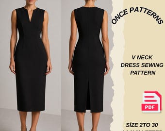Patrón de costura en PDF para vestido tubo elegante, patrón de vestido midi con escote en V, vestido ajustado con pinzas, vestido lápiz sin mangas, descarga instantánea.