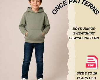 Patrón de costura en PDF para sudadera con capucha para niños, patrón de sudadera infantil, sudadera con capucha tipo canguro, patrón de costura fácil para principiantes, descarga digital, edades de 2 a 16 años.